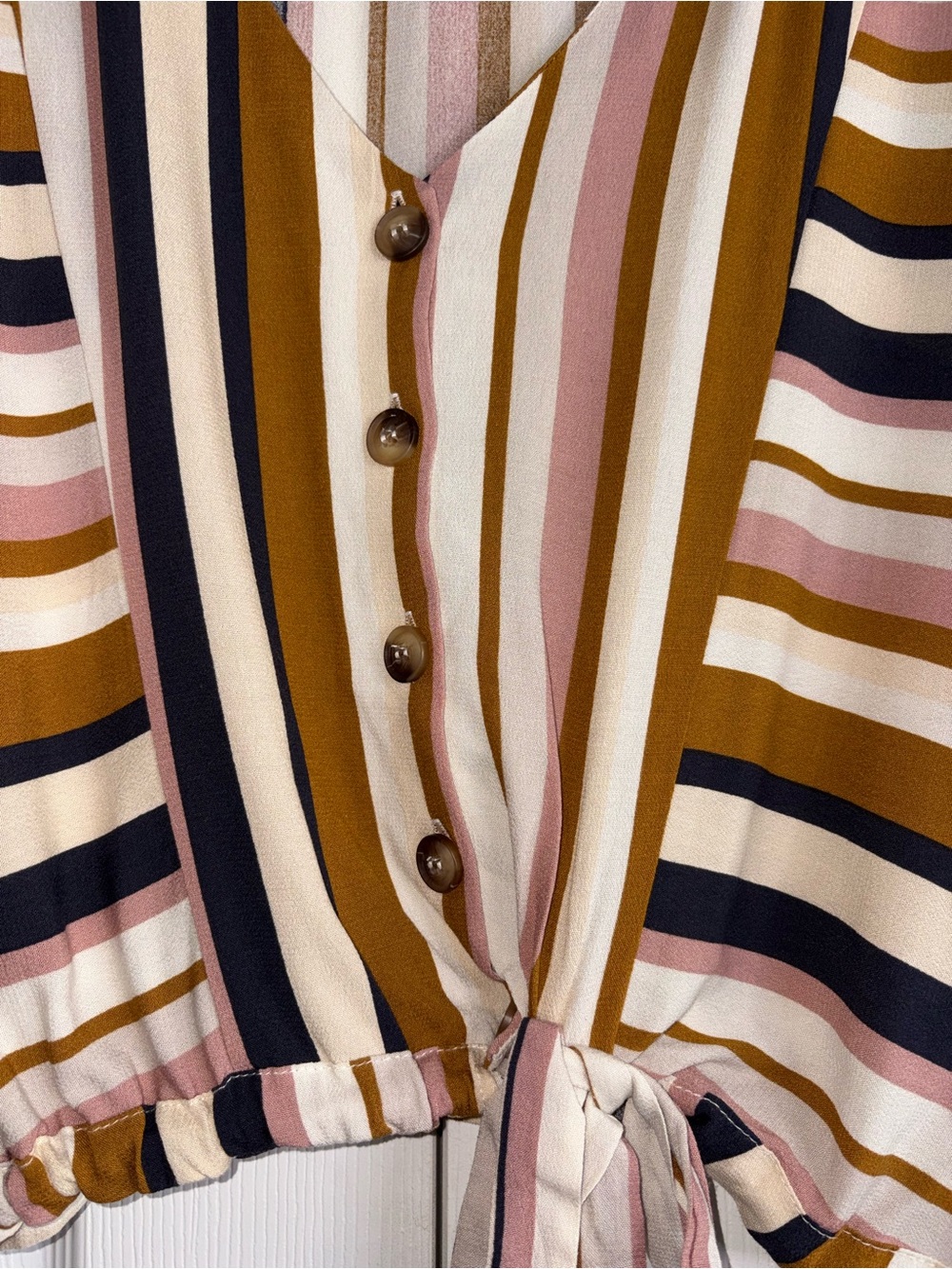 Altar'd State Striped Tie-Front Blouse in Mustard, Blush & Navy - Picture 5 of 11